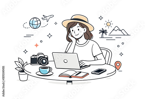 Travel Blogging Bliss. Blogging while traveling. A travel blogger sitting at a cafe with a laptop and camera on the table, soft smile and relaxed mood. Scene