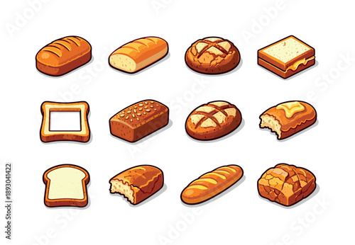 Bread Crust Icons. Bread crust. Colorful isometric vector icons set of Bread crust: thick crust loaf, thin crust bread, rustic round bread, sandwich crust
