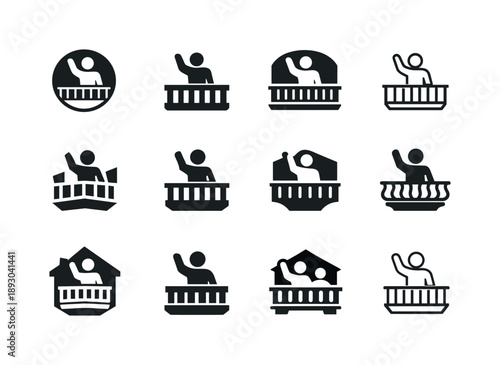 Balcony Wave Icons. Waving from a balcony. Icon set. Set Logo of Waving from a balcony: balcony interaction. harmonious logo variations of the same emblematic