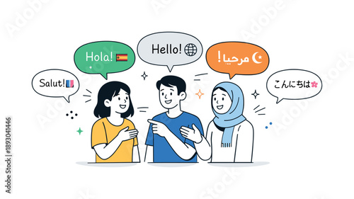 Multilingual Dialogue. Multilingual Communication. Simple characters speaking with different speech bubbles containing subtle symbols and short words, showing