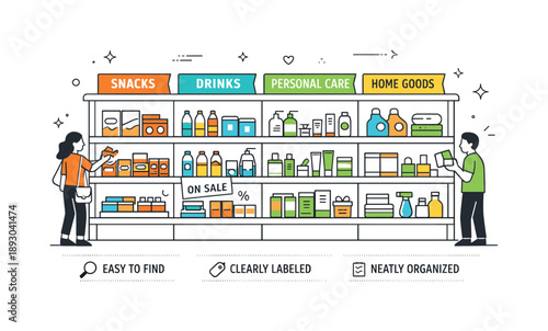Efficient Store Layout. Product organization concept. A store shelf with clear sections and labels highlights efficiency and customer-friendly design. The