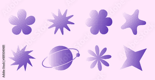 Bitmap dither pixel effect set of retro vector symbols, Y2K aesthetic design elements for graphic, digital, web,collage, poster. Abstract halftone shapes in a pixel style.Vintage futuristic nostalgia.