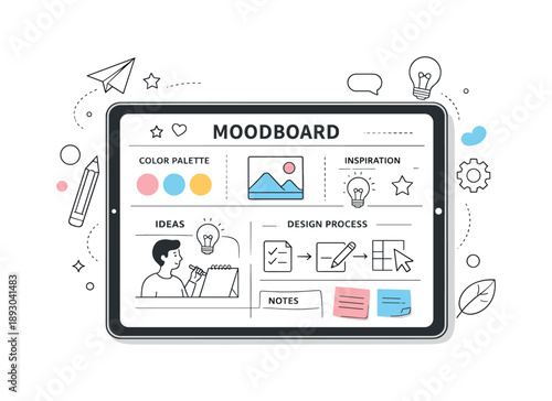 Pastel Moodboard Design. Pastel color moodboards. A digital moodboard on a tablet with soft color blocks and minimal typography, modern design process and calm