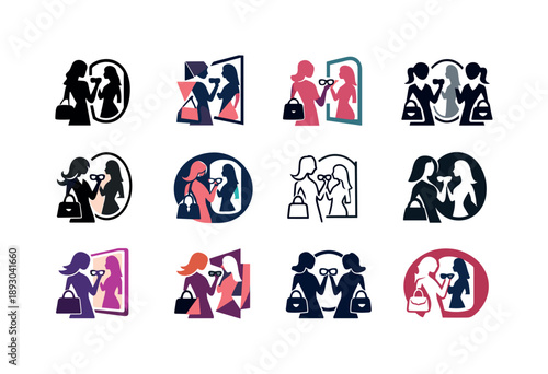 Fashionista Logo Variations. A fashionista putting together an outfit with accessories in front of a mirror. Icon set. Set Logo of a fashionista putting