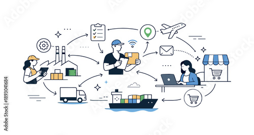 Smart Supply Chain Visualization. Digital supply chain visualization. Connected nodes and arrows show real-time movement of goods and information. The scene