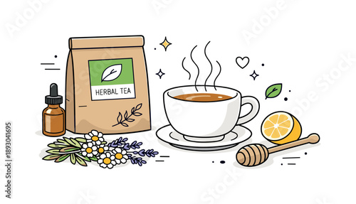 Herbal Tea Serenity. Herbal tea lifestyle concept. A cup of tea steams gently beside organic packaging and dried herbs. Warmth, relaxation, and mindful