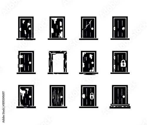Neglected Door Icons. Neglected Doorway. Solid icon set of Neglected Doorway: rundown door, faded paint patches, cracked panels, rusty knob, worn hinges,