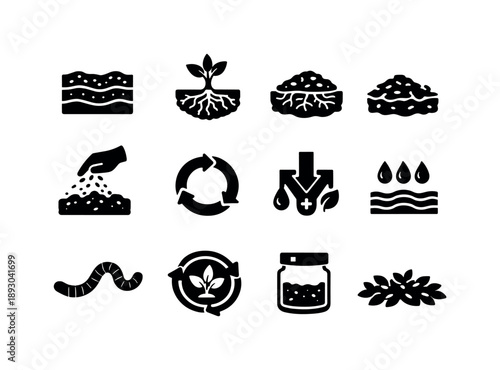 Soil Regeneration Icons. Soil regeneration. Solid icon set of soil regeneration: soil layers, roots icon, mycorrhiza symbol, mulch cover, compost sprinkle,