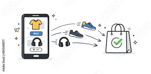 Mobile Shopping Flow. E-commerce on smartphone. Products moving from screen to shopping bag icon, showing purchase flow. Clear and intuitive mobile commerce