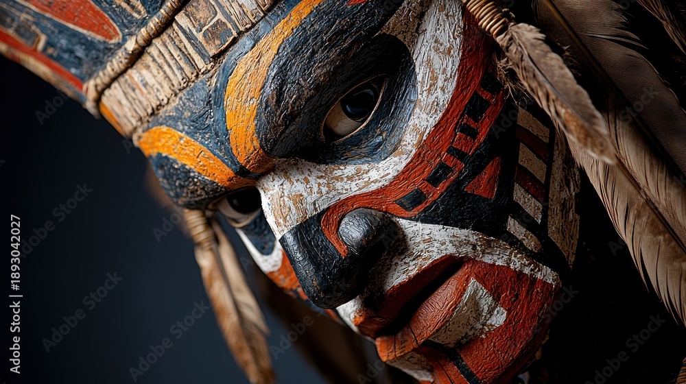custom made wallpaper toronto digitalA close-up of a weathered, painted wooden mask. Features bold patterns and feathers. Evokes traditional artistry and mystique