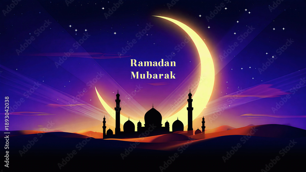 Naklejka premium cinematic ramadan mubarak islamic night scene with glowing crescent moon and mosque