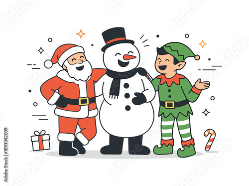 Festive Costume Friends. Friends wearing holiday costumes together. People dressed as Santa, snowman and elf, relaxed interaction and lighthearted celebration.