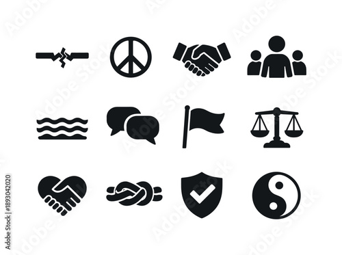Conflict Resolution Icons. Conflict Resolution. Solid icon set of Conflict Resolution: broken line repaired, peace symbol, handshake, mediator figure, calm