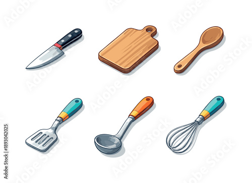 Colorful Kitchen Icons. Kitchen utensils. Isometric flat vector icons set of kitchen utensils: chef?s knife, cutting board, wooden spoon, spatula, ladle,
