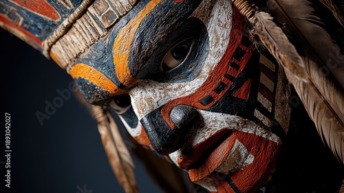Wallpaper Mural A close-up of a weathered, painted wooden mask. Features bold patterns and feathers. Evokes traditional artistry and mystique Torontodigital.ca