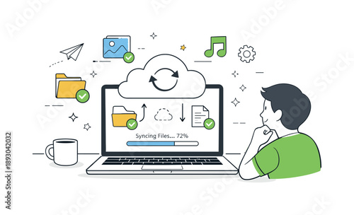 Cloud Sync Visualization. Digital backup process. Laptop screen showing files being synchronized with cloud storage, while a person observes, emphasizing
