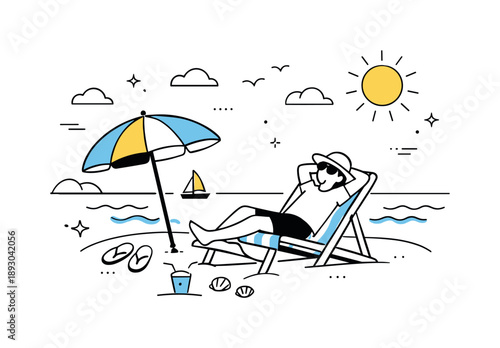Seaside Relaxation Scene. Beach vacation illustration. A relaxed seaside scene with a person resting on a beach chair under an umbrella, ocean waves and sun