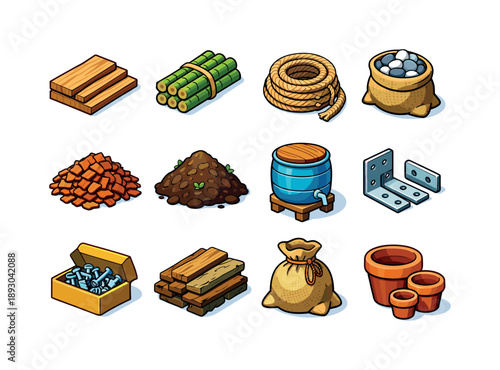 Natural Materials Icons. natural materials. Colorful isometric vector icons set of natural materials: wooden planks, bamboo stakes, rope coil, pebbles bag,