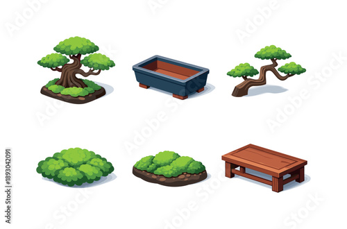 Isometric Bonsai Icon Set. Japanese Bonsai. Isometric flat vector icons set of japanese bonsai: traditional bonsai tree, rectangular ceramic pot, trained
