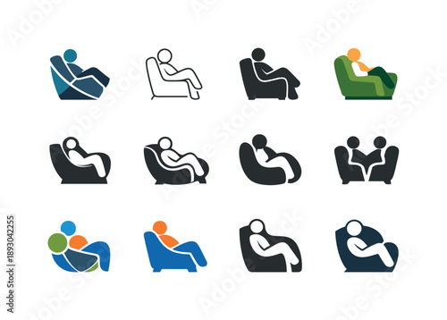 Comfort Logo Variations. Comfort. Icon set. Set Logo of comfort: person resting in soft armchair. harmonious logo variations of the same emblematic concept,