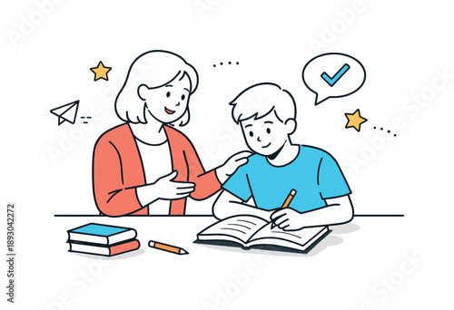 Encouraging Educational Feedback. Teacher student feedback moment. A teacher gently giving feedback while a student reviews notes or homework, suggesting