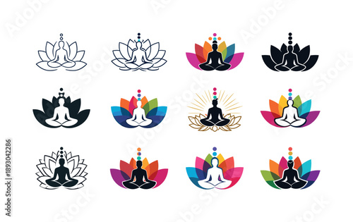 Chakra Alignment Logos. Chakra alignment. Icon set. Set Logo of chakra alignment: lotus chakra balance. harmonious logo variations of the same emblematic