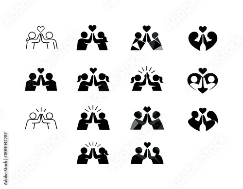 Romantic Icon Set. Positive reinforcement in romantic relationships. Icon set. Set Logo of Positive reinforcement in romantic relationships: couple high-five.