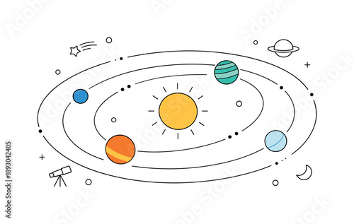 Orbital Harmony Diagram. Planet orbit motion concept. An abstract orbital diagram where planets glide smoothly along curved paths, emphasizing rhythm and