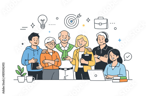Age Equality Illustration. Age equality at work. Employees of various ages stand together in a relaxed office scene, connected by shared goals. Inclusion,