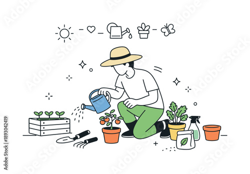 Urban Gardening Tools. Urban gardening tools. Person watering plants using basic tools and pots. Hands-on care and mindful interaction with greenery.