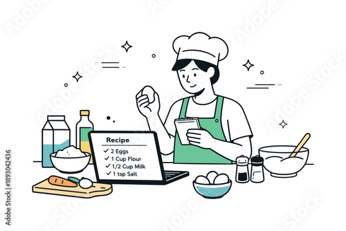 Relaxed Recipe Check. Following a recipe on screen. A cook calmly checking ingredients against a recipe displayed on a laptop in the kitchen. The mood feels