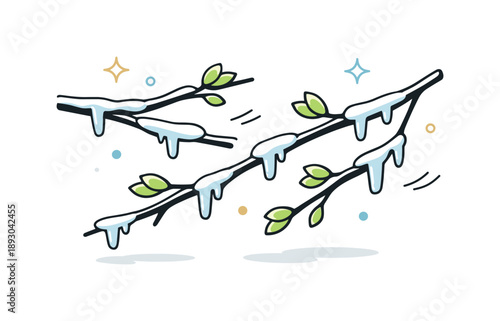 Spring Meets Winter. Spring buds on icy branches illustration. Minimal buds contrasting with frozen branch lines, symbolizing hope and endurance. Soft and