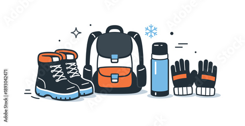 Winter Travel Essentials. Winter journey accessories. Set of travel objects including boots, gloves, backpack, and thermos, arranged harmoniously to show