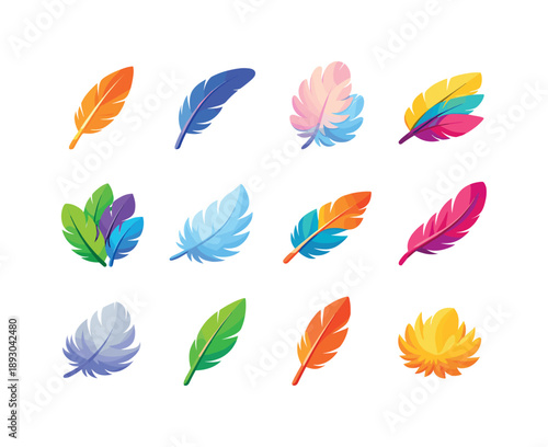 Colorful Feather Icons. Feather details. Colorful flat vector icons set of feather details: tapered feather, curved quill feather, soft plume, layered feather