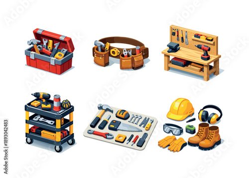 Isometric Construction Icons. Construction work. Isometric flat vector icons set of Construction work: toolbox with tools, tool belt equipment, workbench
