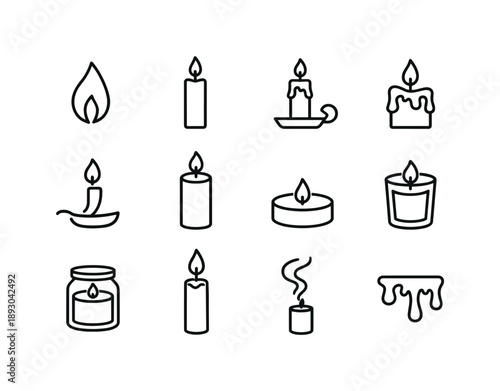Candle Icons Collection. Candle. Line icon set of Candle: candle flame, wax candle, candle holder, melting wax, wick, pillar candle, tea light, votive candle,