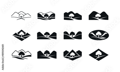 Quiet Valley Logo Variation. Quiet Valley. Icon set. Set Logo of Quiet Valley: lone tree in valley. harmonious logo variations of the same emblematic concept,