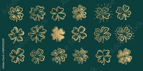 Saint Patricks Day, Gold Clover set on green, hand drawn illustrations.	
