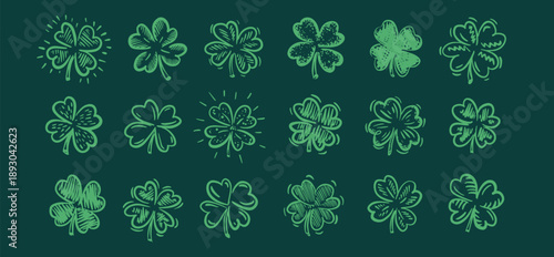 Green Clover set, Saint Patricks Day, hand drawn illustrations.	
