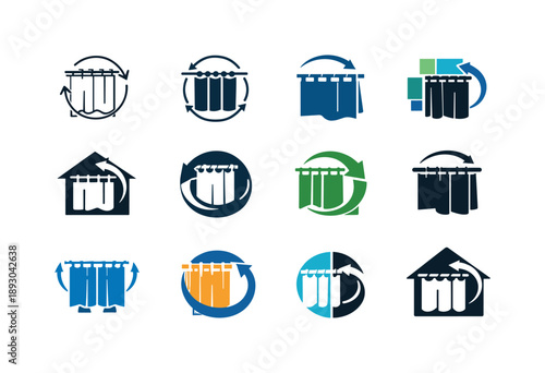 Shower Curtain Icons. Replacing shower curtain. Icon set. Set Logo of replacing shower curtain: fresh bathroom curtain setup. harmonious logo variations of the