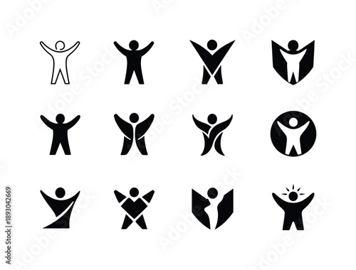 Confidence Icon Variations. Confidence. Icon set. Set Logo of Confidence: person standing tall with open posture. harmonious logo variations of the same