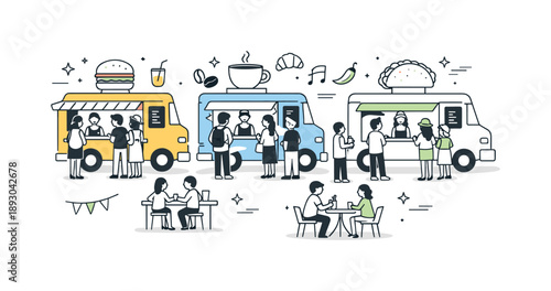 Minimalist Food Truck Fest. Food festivals and culinary events. A row of minimal food trucks with people lining up, shown in a clean and organized composition.