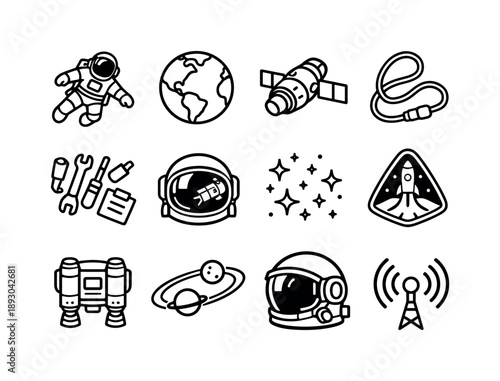 Space Mission Icons. Space Mission. Line icon set of Space Mission: cosmonaut floating in space, Earth view, spacecraft, space tether, zero gravity tools,