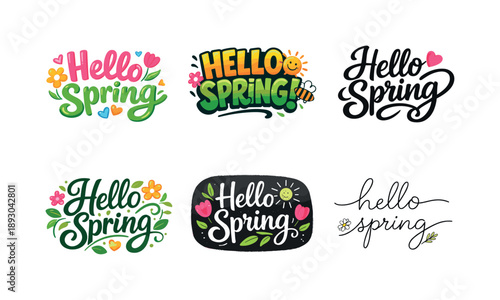 Spring Flower Lettering. Cute spring flower doodles hand-lettered. Set lettering. harmonious lettering variations of the same emblematic concept, each with