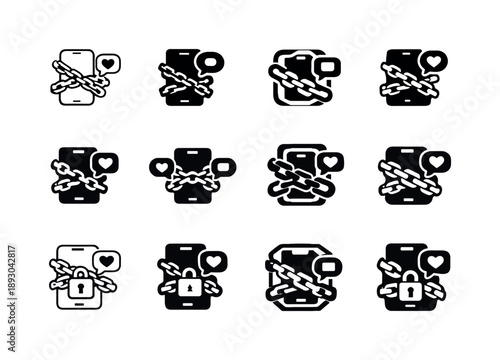 Social Media Chains. Social media addiction. Icon set. Set Logo of social media addiction: smartphone with chains and notification bubbles. harmonious logo