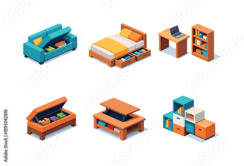 Colorful Multifunctional Furniture. Multifunctional Furniture. Isometric flat vector icons set of Multifunctional Furniture: sofa with hidden storage, bed with