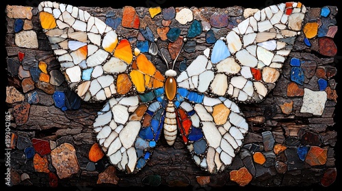 Wallpaper Mural A butterfly mosaic, crafted from colorful stones and tiles, rests on a rustic wood plank Torontodigital.ca