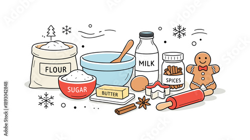 Festive Baking Ingredients. Holiday baking ingredients. A neat still life of winter baking items prepared for festive recipes, with light decorative elements