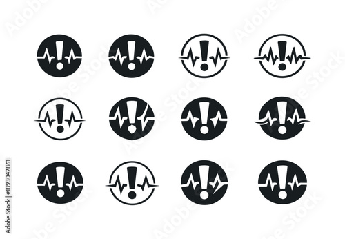 Crisis Management Icons. Crisis management. Icon set. Set Logo of crisis management: exclamation mark in circle with pulse lines. harmonious logo variations of