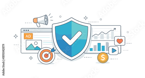 Secure Digital Marketing Platforms. Cybersecurity for digital marketing and advertising platforms ? platform trust. Abstract editorial scene of secured